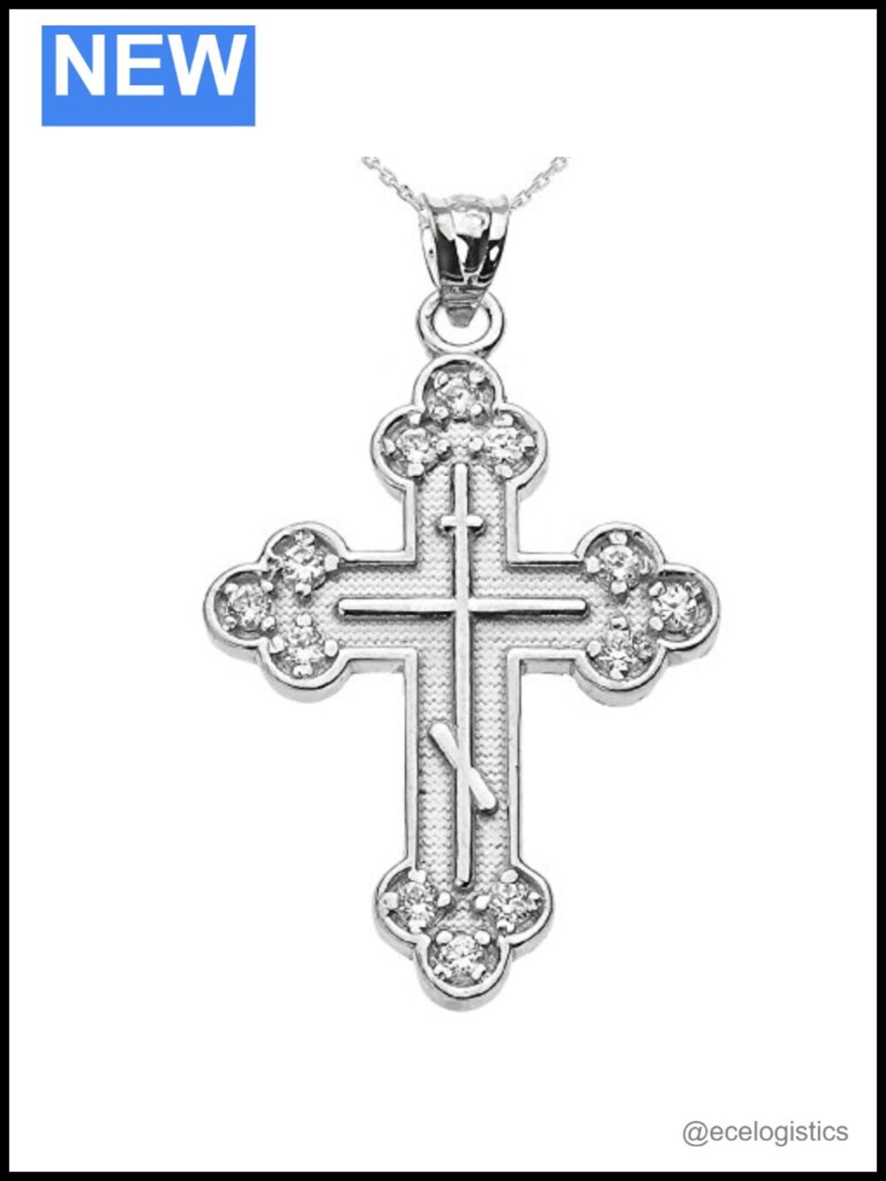 925 Sterling Silver CZ Eastern Orthodox Cross Pendant Necklace 16"